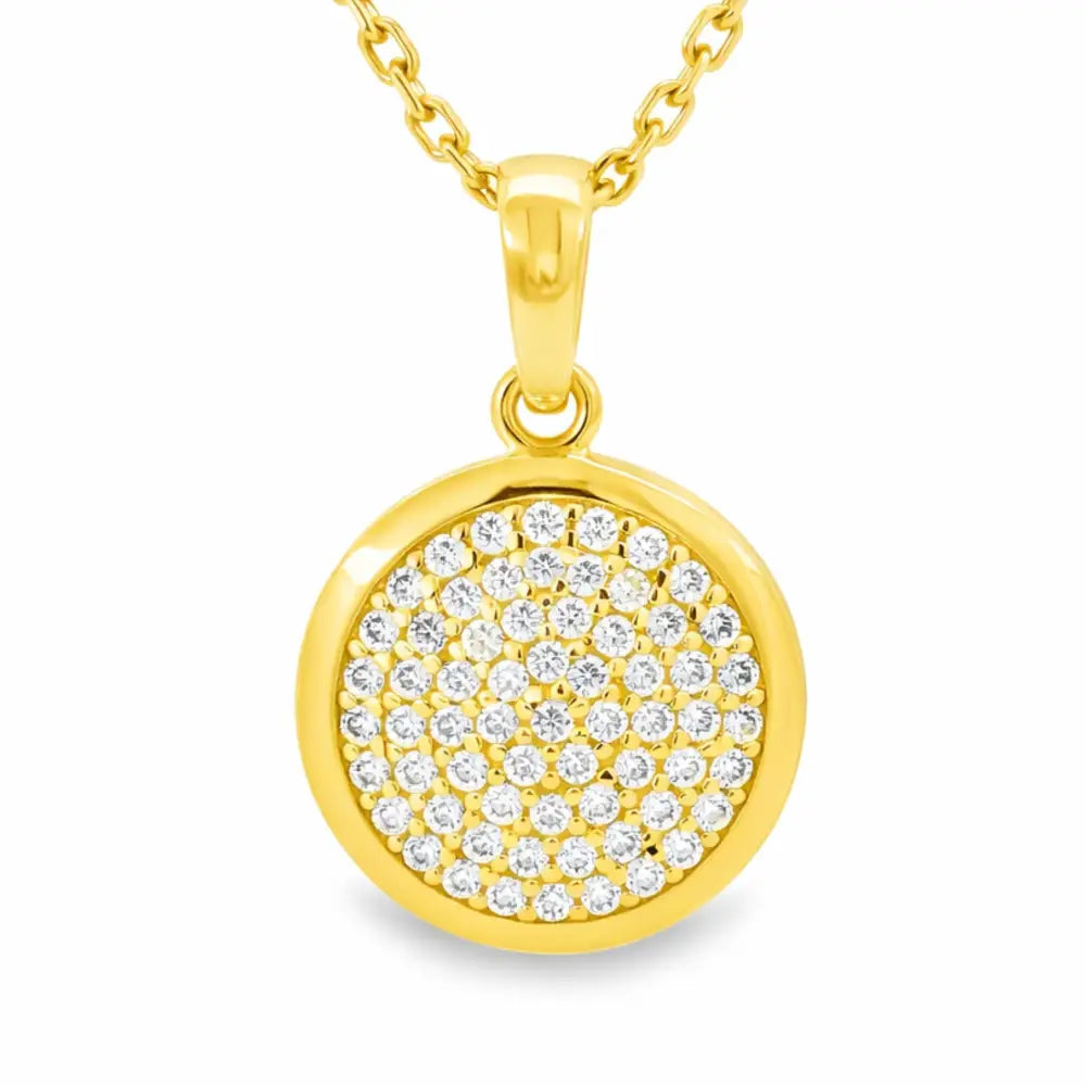 14K Solid Gold Round Pave CZ Necklace Sparkling Circle Pendant Minimalist Halo Jewelry Eternity Disc Wedding Gift