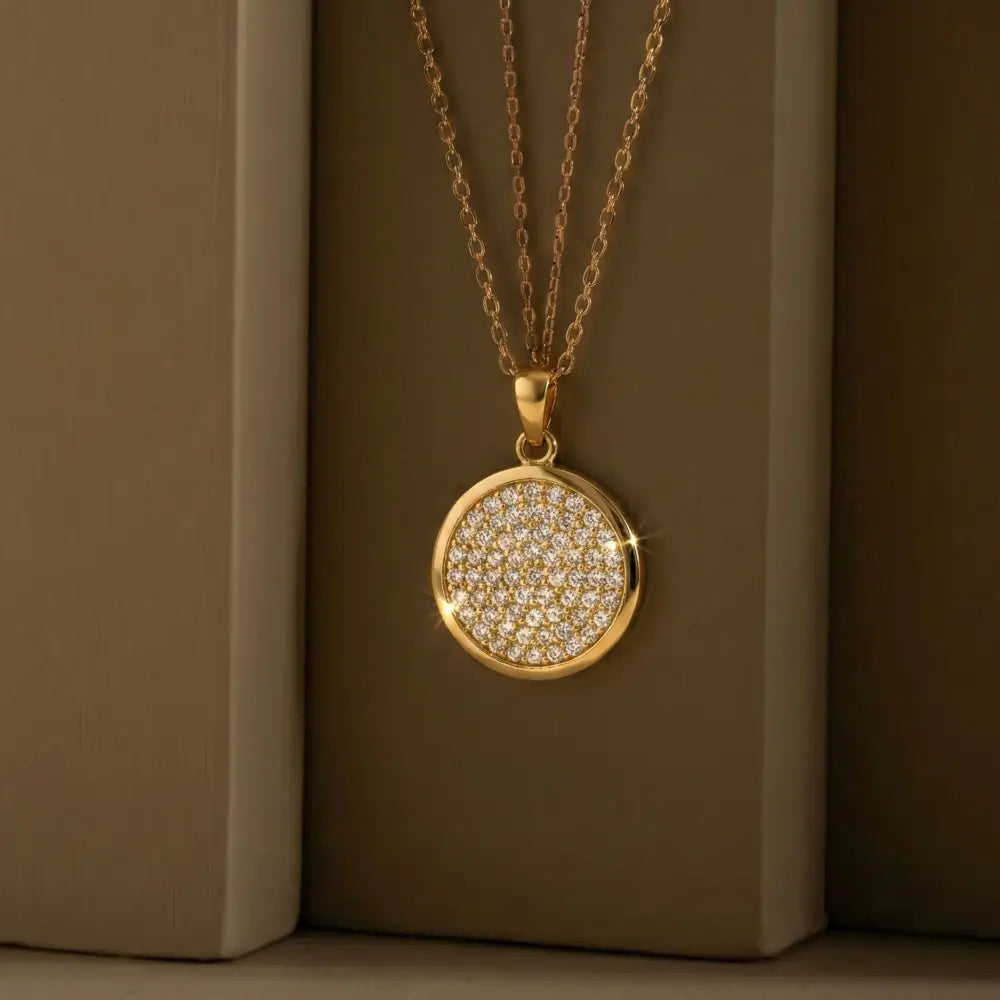 14K Solid Gold Round Pave CZ Necklace Sparkling Circle Pendant Minimalist Halo Jewelry Eternity Disc Wedding Gift