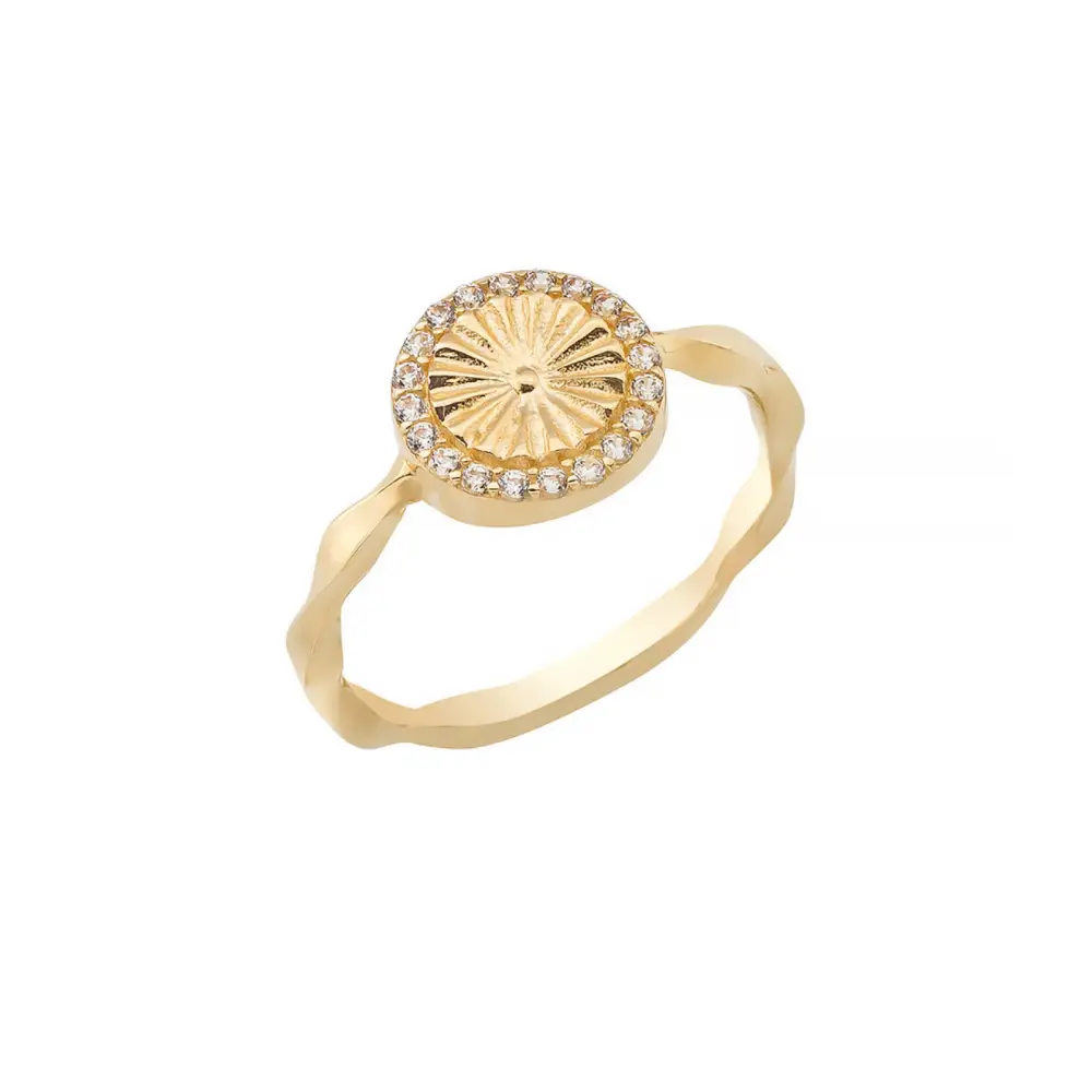 14K Solid Gold Round Shape Sunshine CZ Ring - Rings