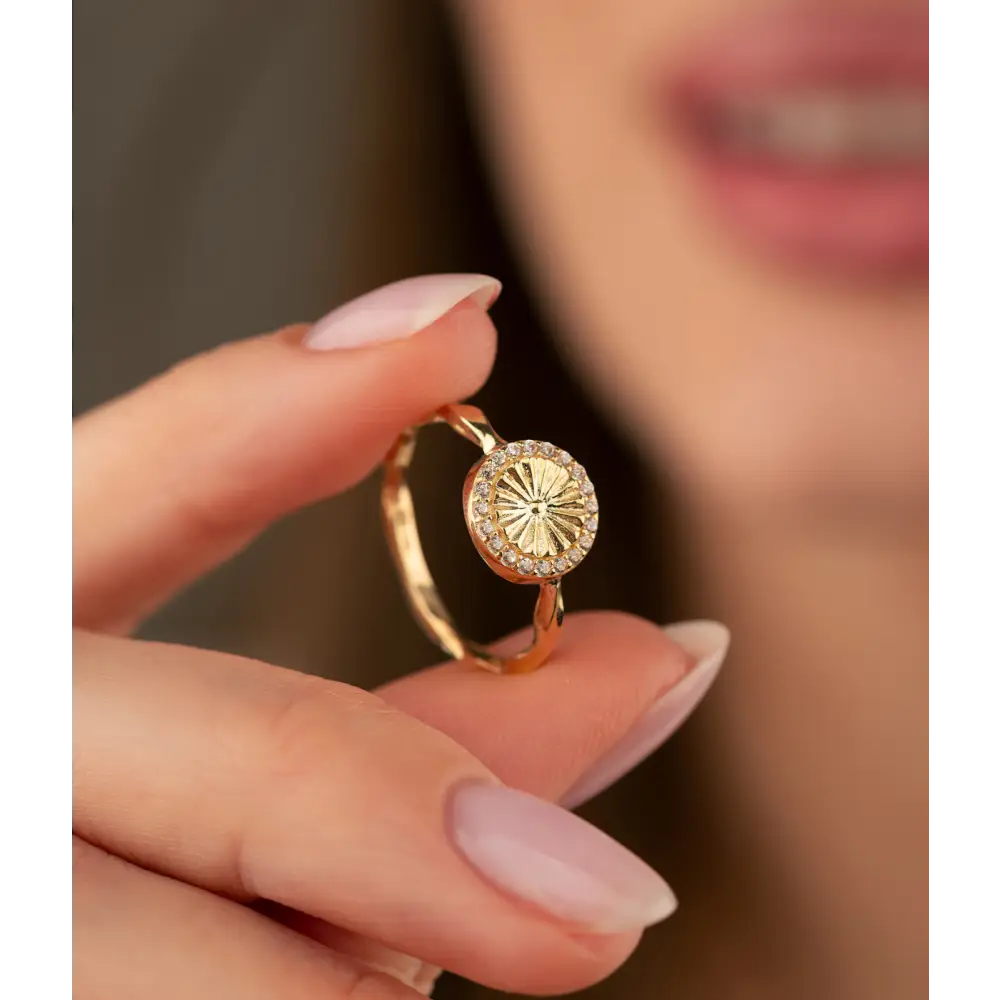 14K Solid Gold Round Shape Sunshine CZ Ring - Rings