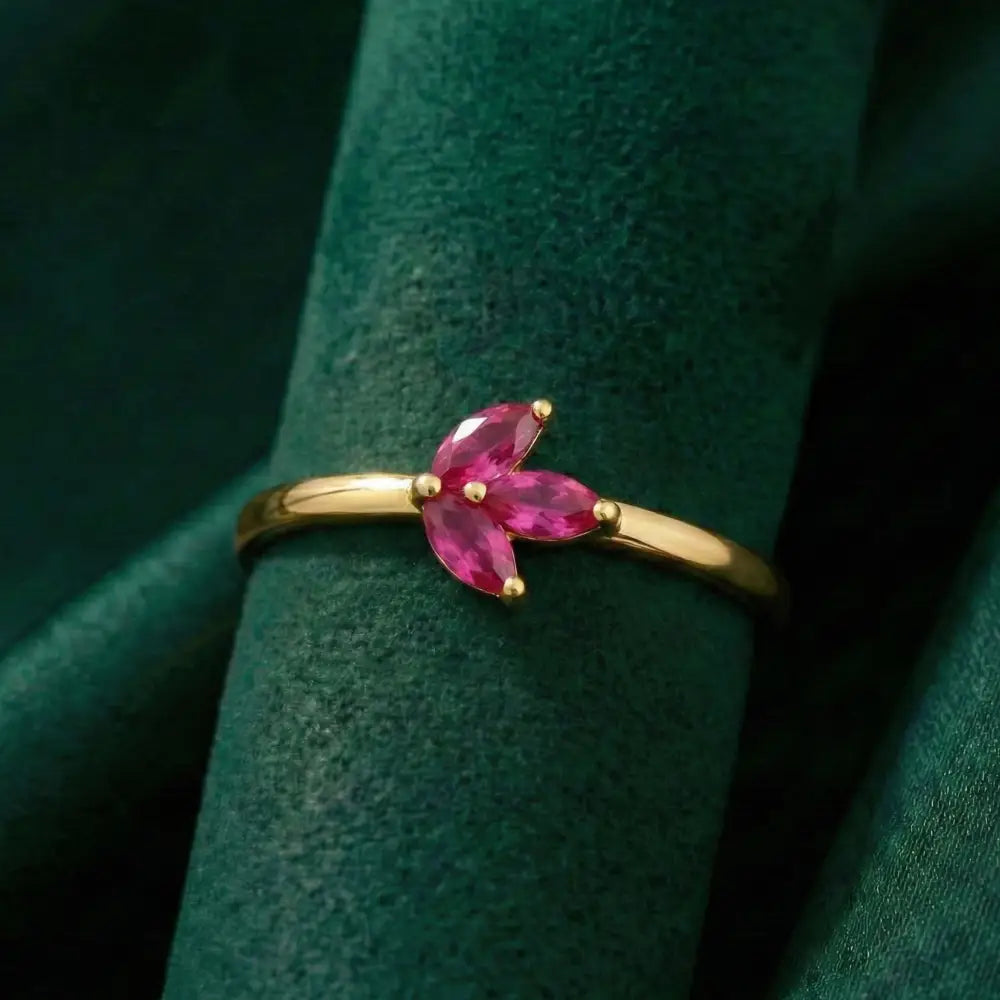 14K Solid Gold Ruby Marquise Ring Minimal Floral Gold Ring Stackable Gold Ring for Women