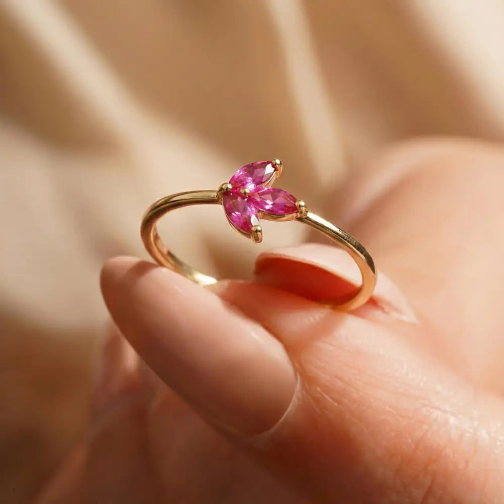 14K Solid Gold Ruby Marquise Ring Minimal Floral Gold Ring Stackable Gold Ring for Women
