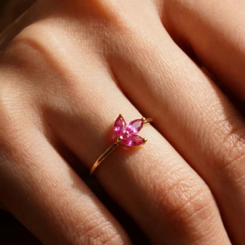 14K Solid Gold Ruby Marquise Ring Minimal Floral Gold Ring Stackable Gold Ring for Women