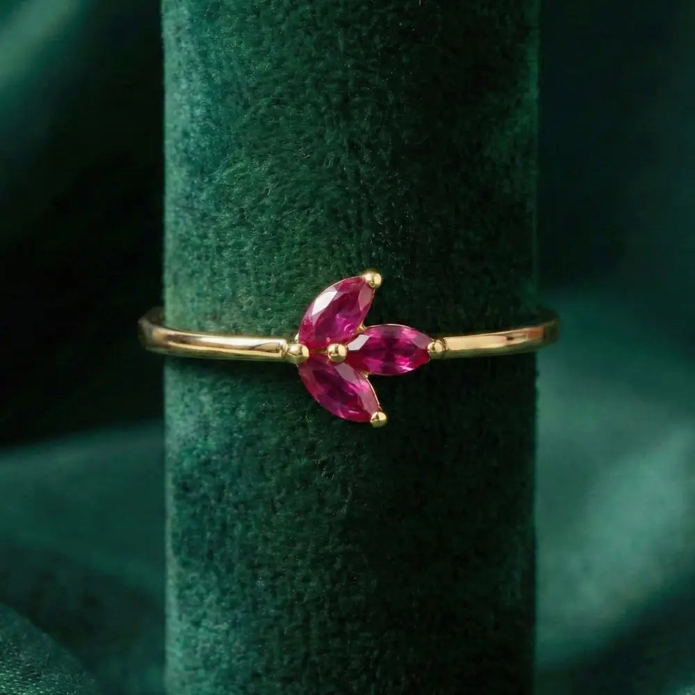 14K Solid Gold Ruby Marquise Ring Minimal Floral Gold Ring Stackable Gold Ring for Women