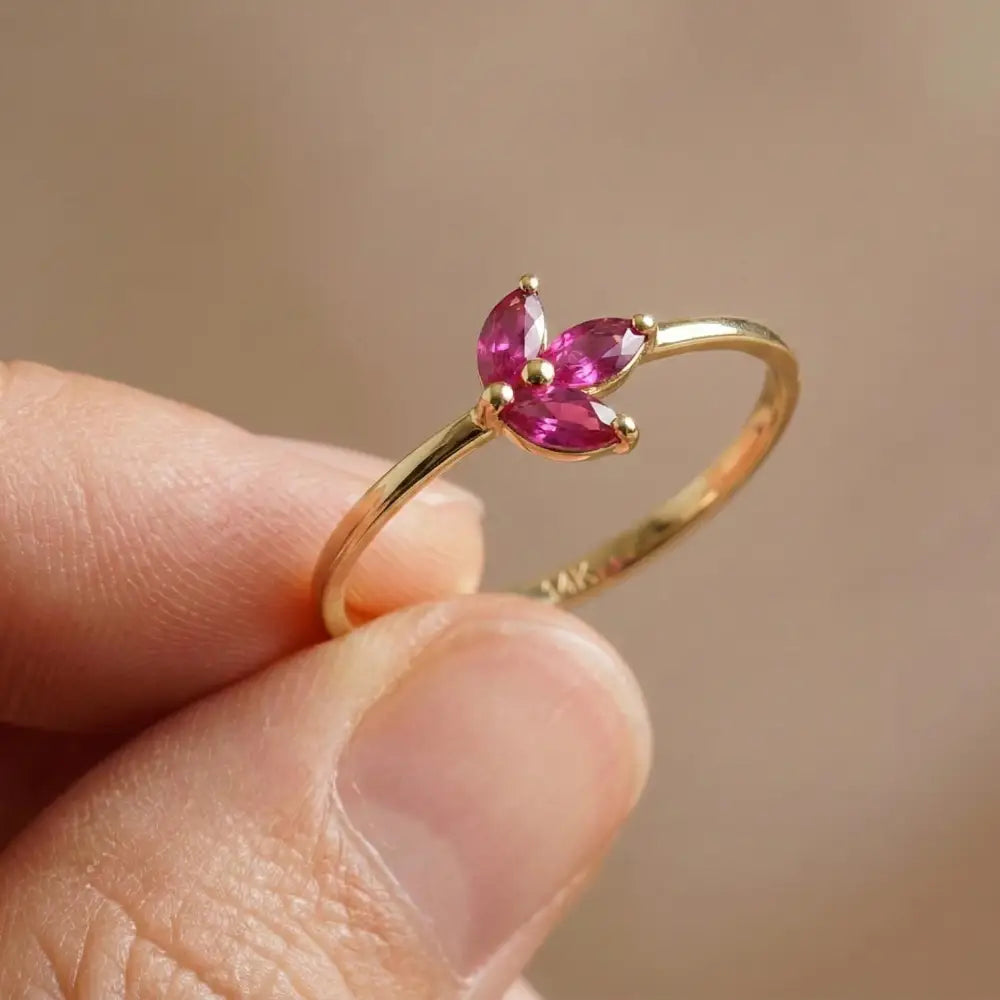 14K Solid Gold Ruby Marquise Ring Minimal Floral Gold Ring Stackable Gold Ring for Women