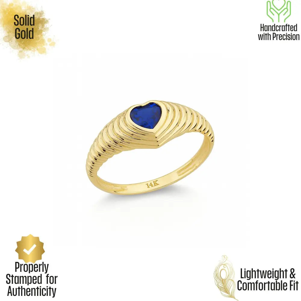14K Solid Gold Sapphire Heart Ring – Heirloom Signet Heart Cut Birthstone Jewelry for Women