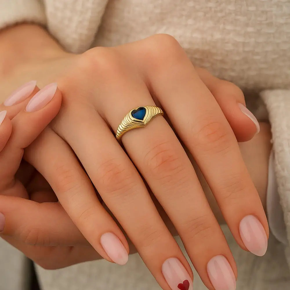 14K Solid Gold Sapphire Heart Ring – Heirloom Signet Heart Cut Birthstone Jewelry for Women