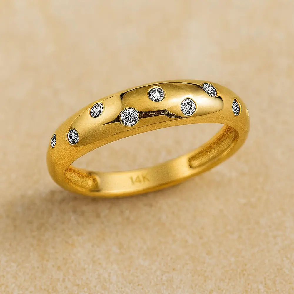 14K Solid Gold Simulated Diamond Ring Flush Set Wedding Band