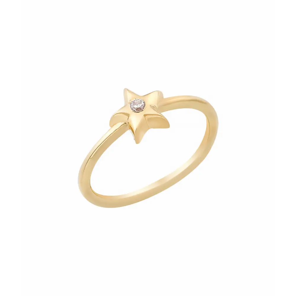 14K Solid Gold Small Star Solitaire CZ Ring - Rings