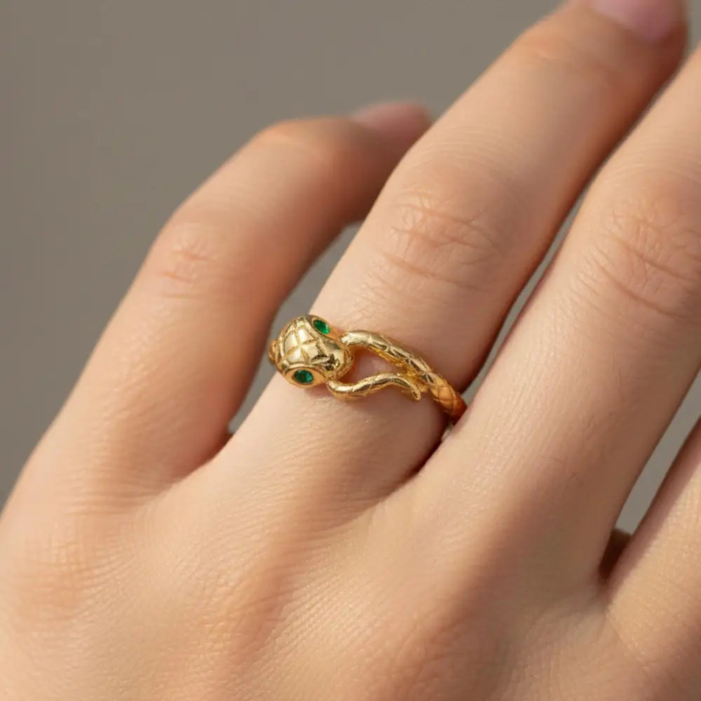 14K Solid Gold Snake Ring Emerald Eyes Ouroboros Ring for Women & Men