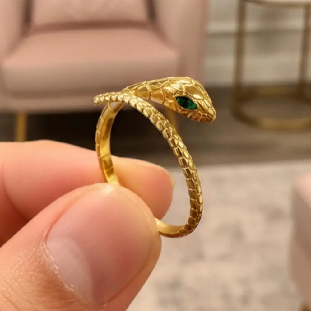 14K Solid Gold Snake Ring – Ouroboros Design with Emerald Eyes