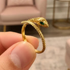 14K Solid Gold Snake Ring – Ouroboros Design with Emerald Eyes
