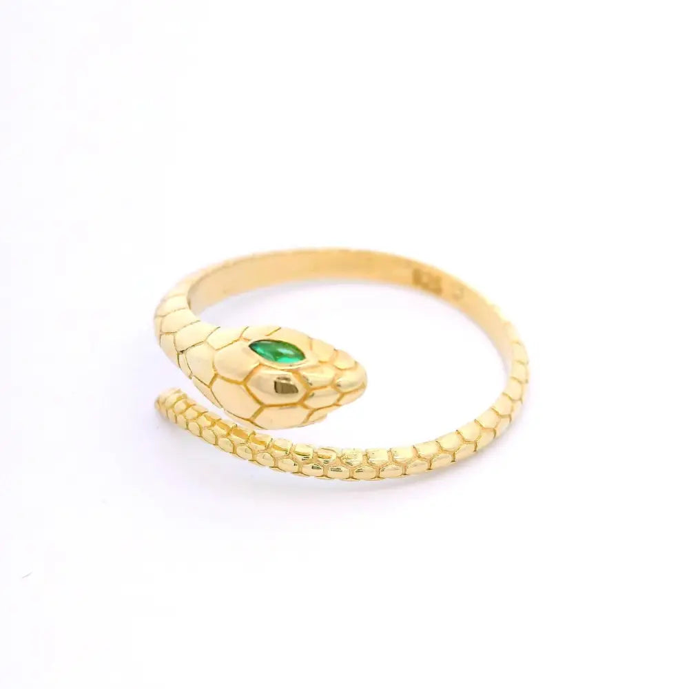 14K Solid Gold Snake Ring – Ouroboros Design with Emerald Eyes
