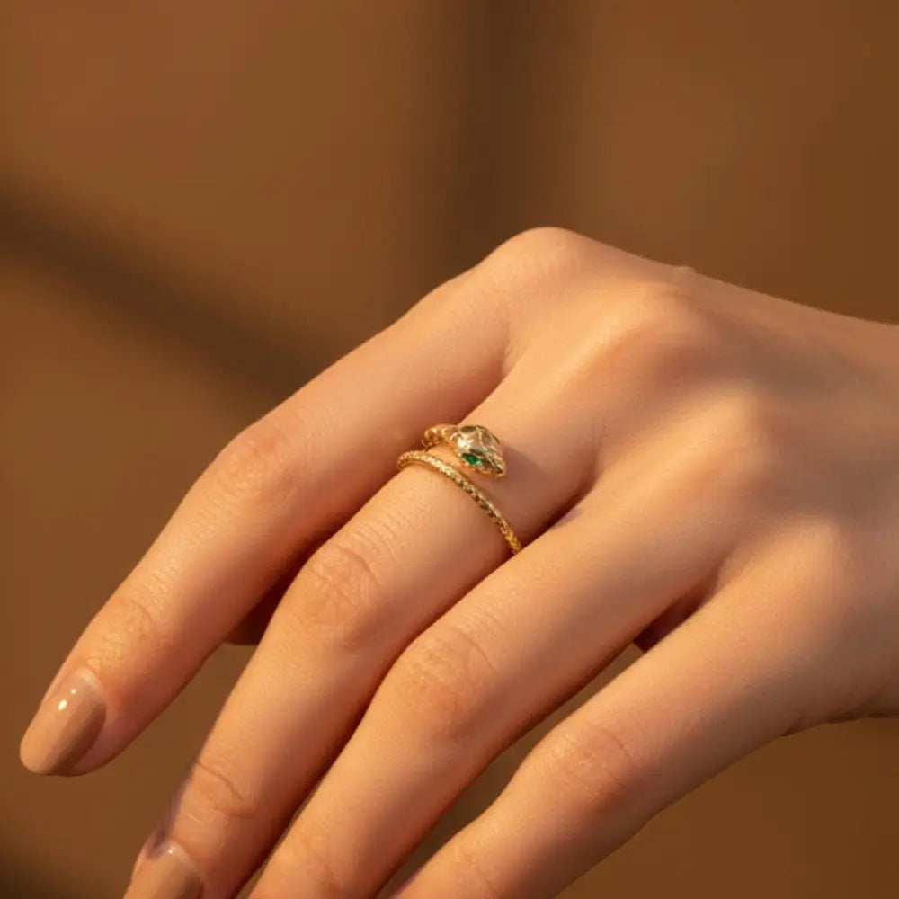 14K Solid Gold Snake Ring – Ouroboros Design with Emerald Eyes
