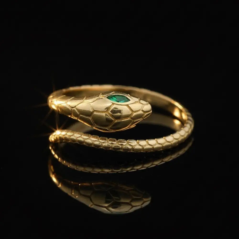 14K Solid Gold Snake Ring – Ouroboros Design with Emerald Eyes
