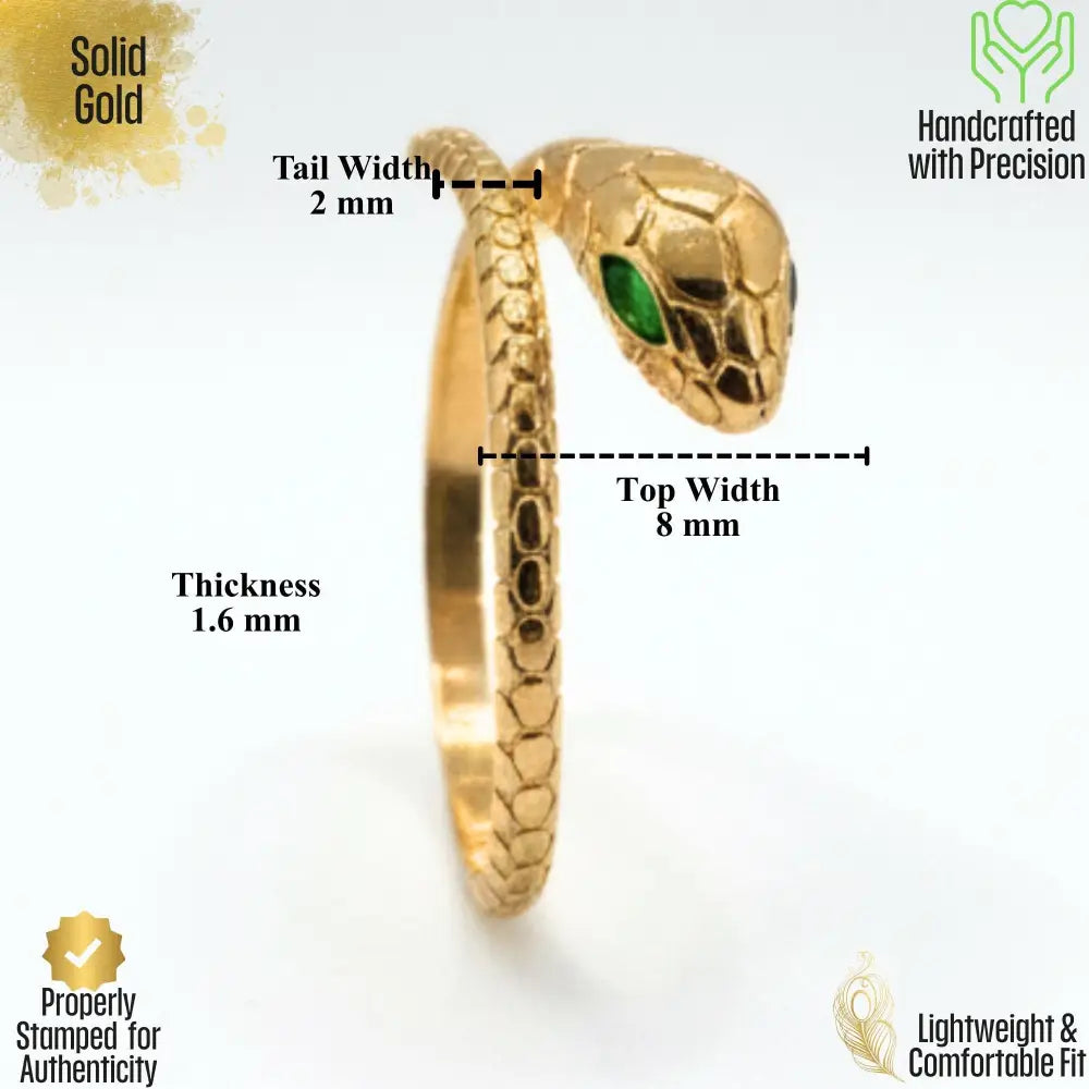 14K Solid Gold Snake Ring – Ouroboros Design with Emerald Eyes