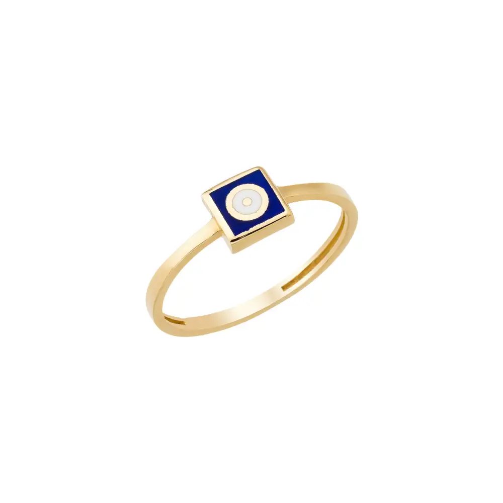 14K Solid Gold Square Dainty Evil Eye Ring Blue - Rings