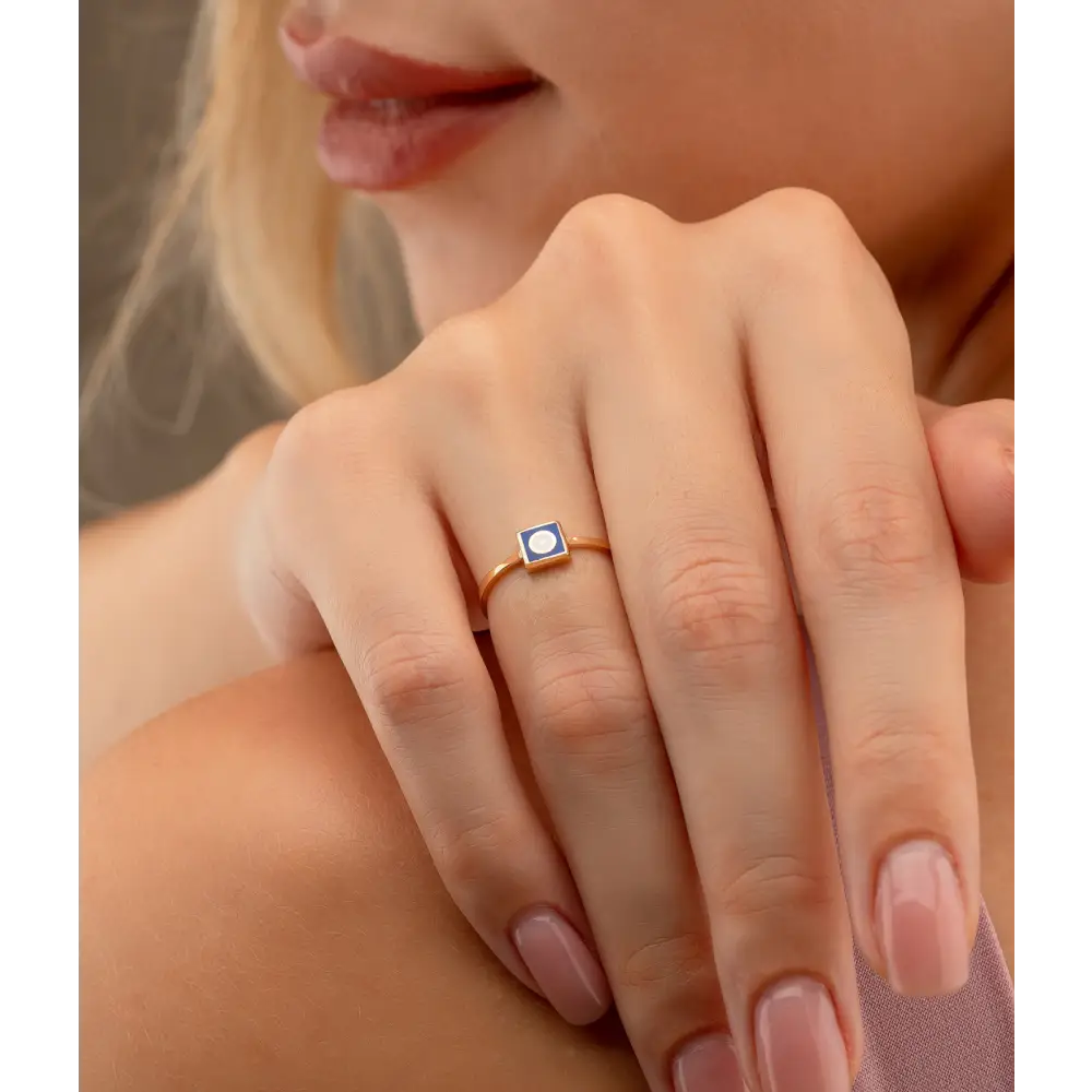 14K Solid Gold Square Dainty Evil Eye Ring Blue - Rings