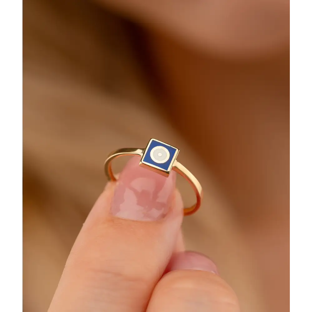 14K Solid Gold Square Dainty Evil Eye Ring Blue - Rings