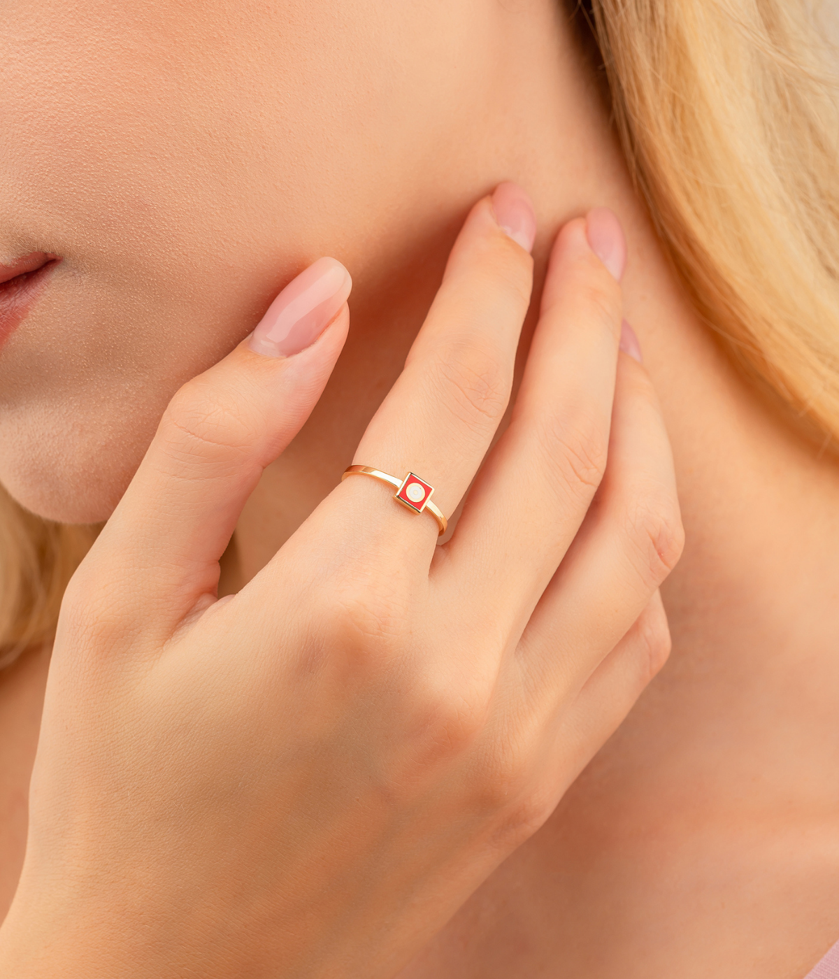 14K Solid Gold Square Dainty Evil Eye Ring Red - Rings