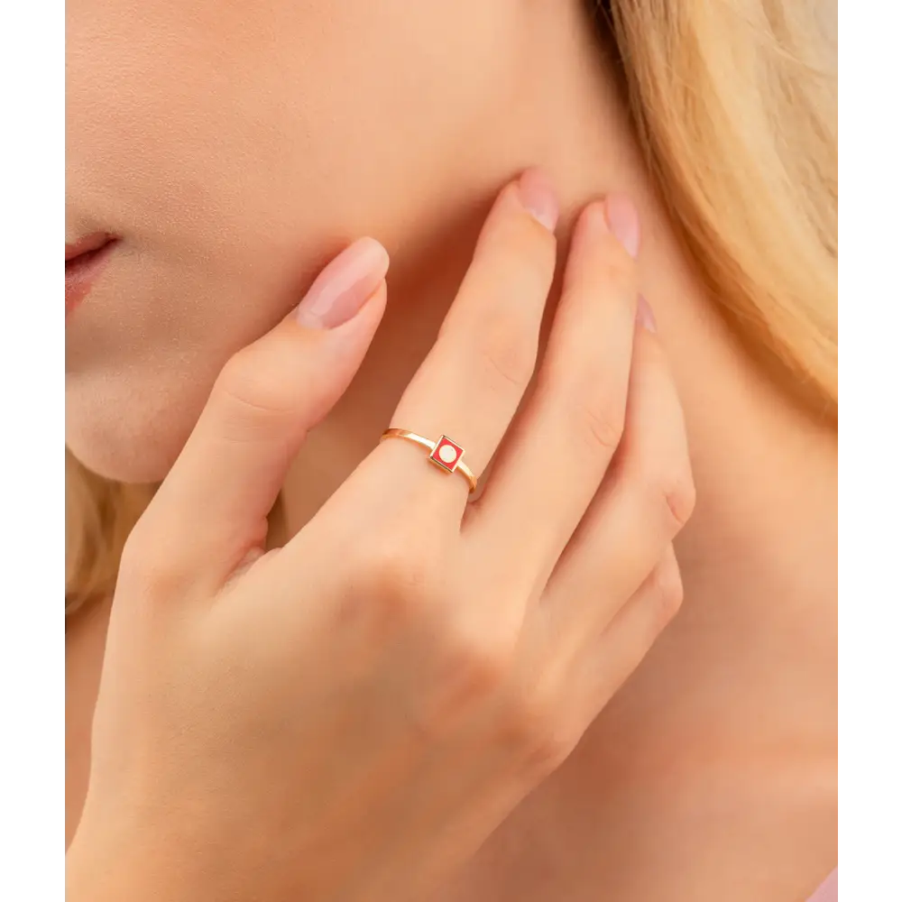14K Solid Gold Square Dainty Evil Eye Ring Red - Rings