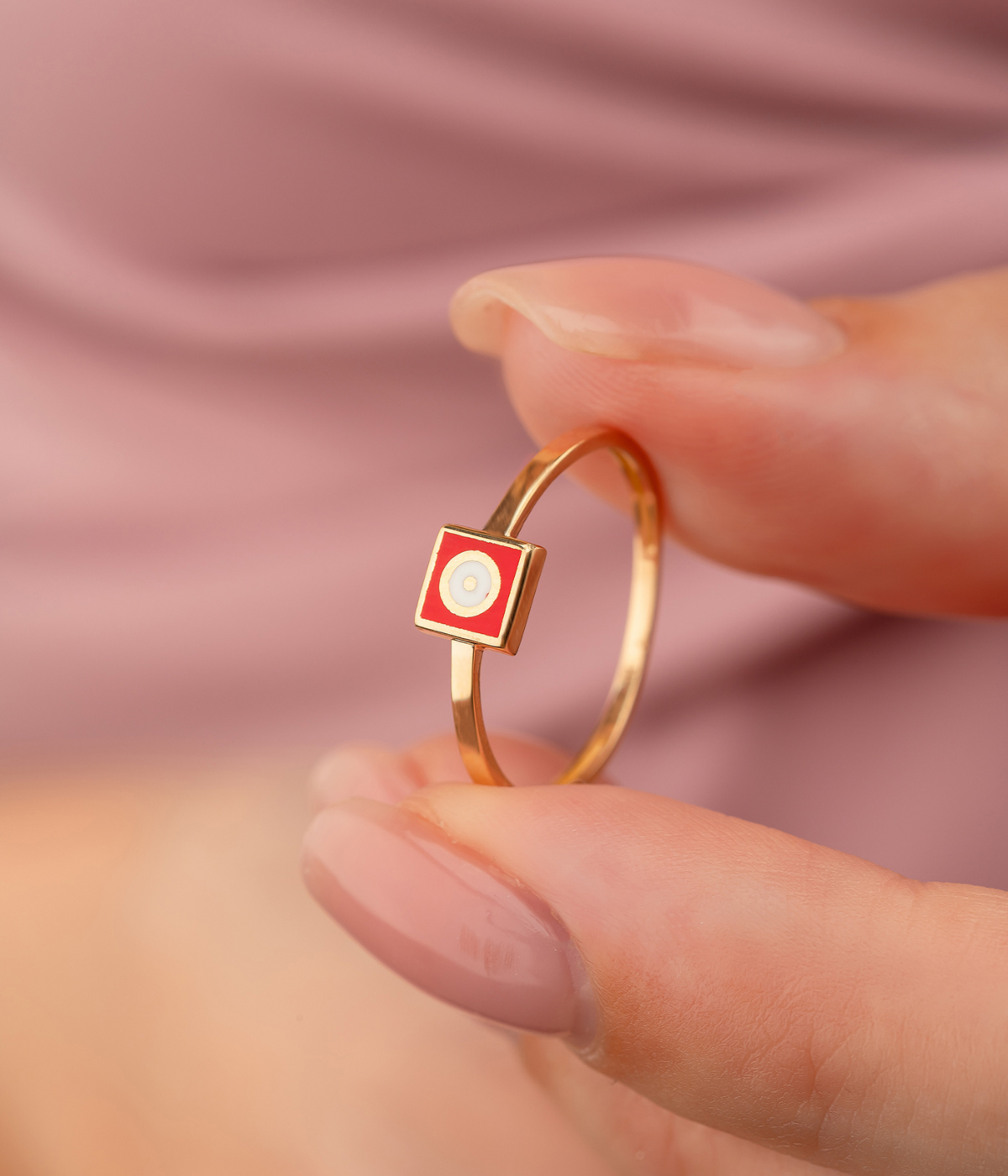 14K Solid Gold Square Dainty Evil Eye Ring Red - Rings