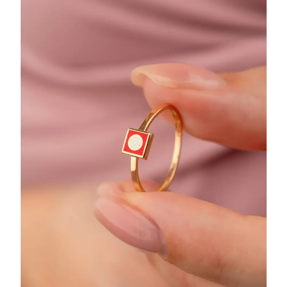 14K Solid Gold Square Dainty Evil Eye Ring Red - Rings