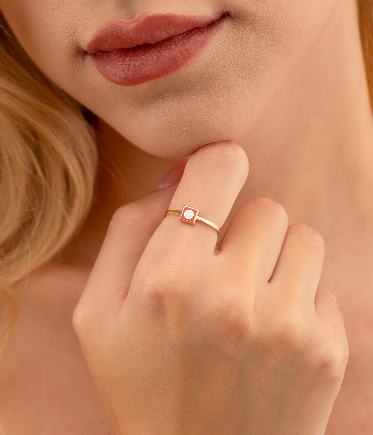 14K Solid Gold Square Dainty Evil Eye Ring Red - Rings