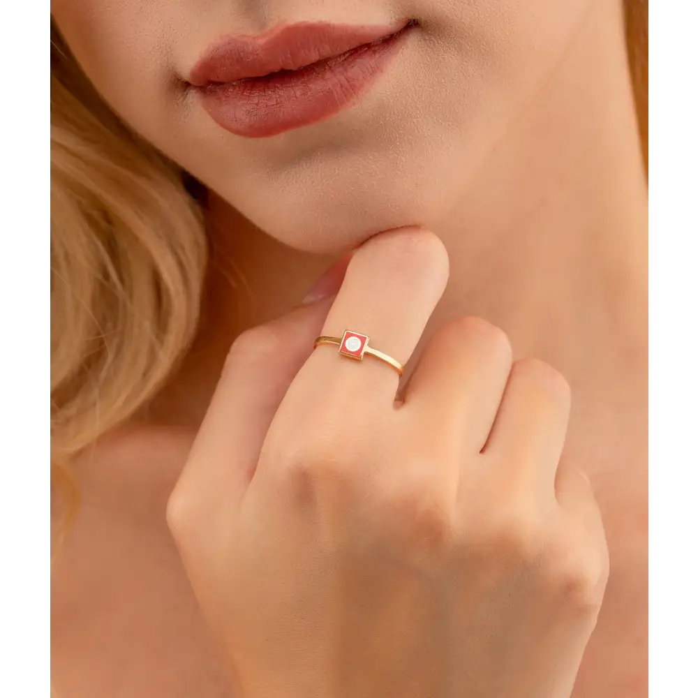 14K Solid Gold Square Dainty Evil Eye Ring Red - Rings