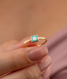 14K Solid Gold Square Dainty Evil Eye Ring Turquoise - Rings
