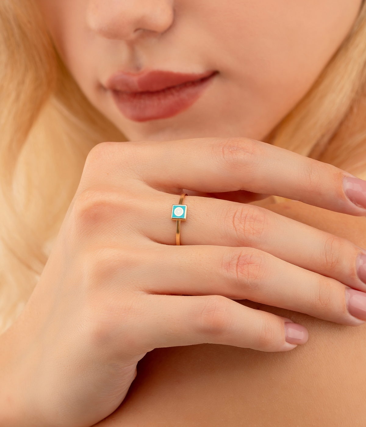 14K Solid Gold Square Dainty Evil Eye Ring Turquoise - Rings