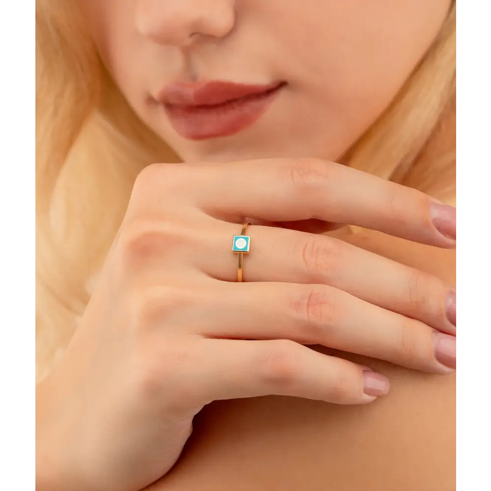 14K Solid Gold Square Dainty Evil Eye Ring Turquoise - Rings