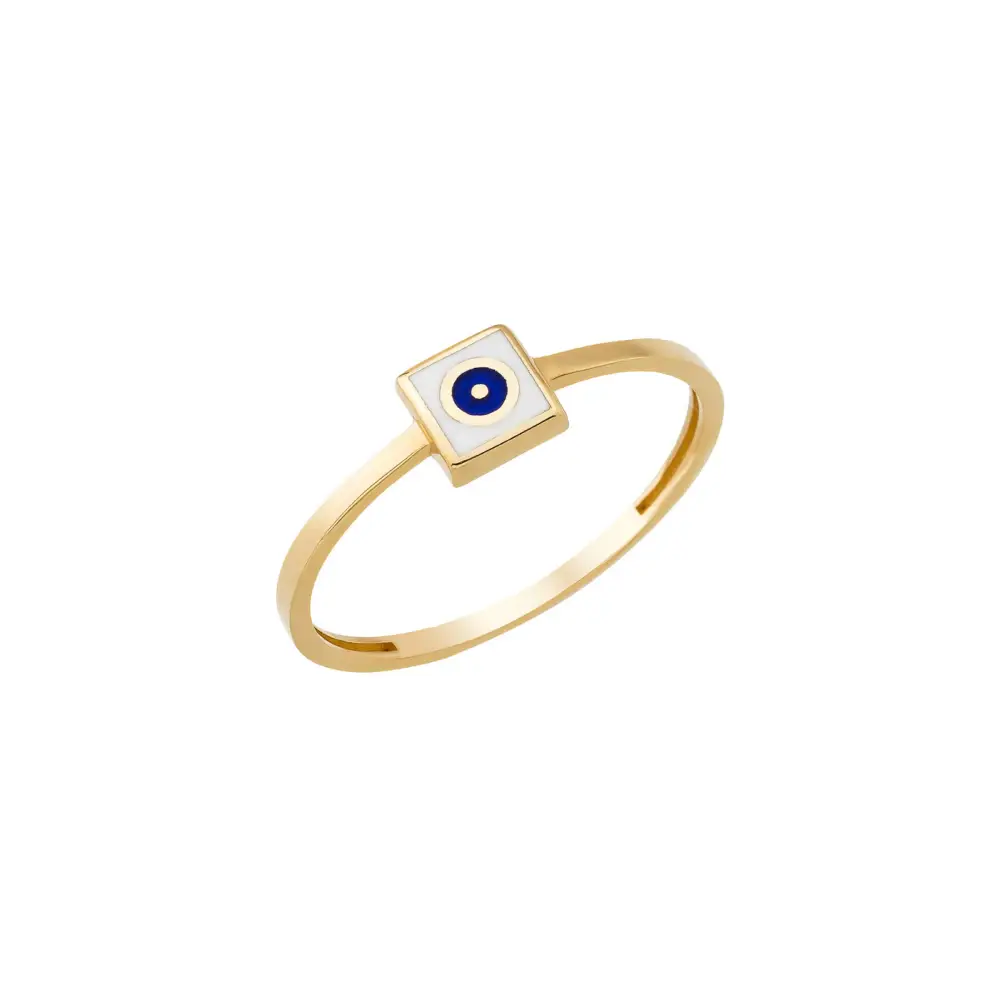 14K Solid Gold Square Dainty Evil Eye Ring White - Rings