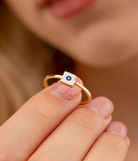 14K Solid Gold Square Dainty Evil Eye Ring White - Rings