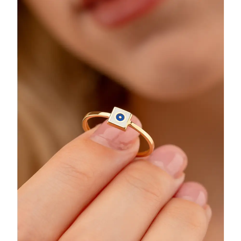 14K Solid Gold Square Dainty Evil Eye Ring White - Rings