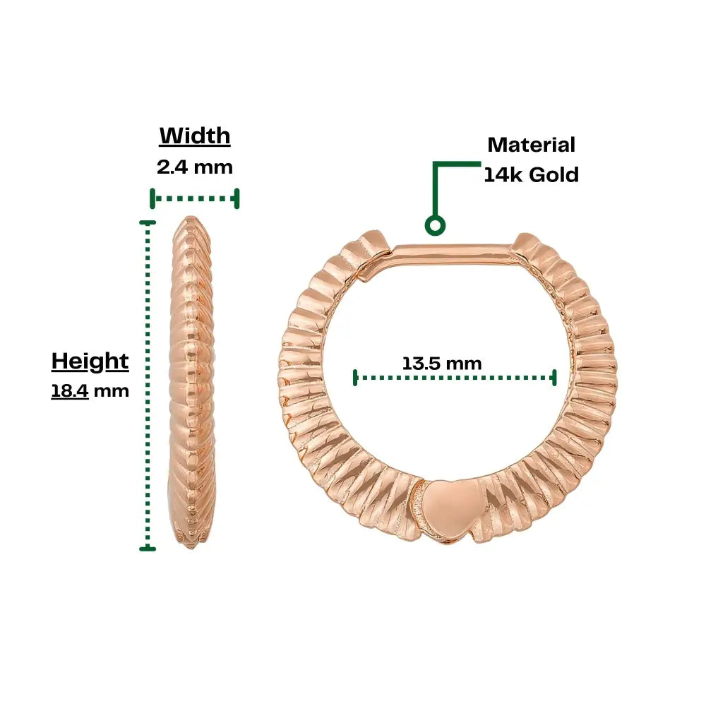 14K Solid Gold Stripe Huggie Hoop Earrings | Side Ribbed Hoops for Women - Hoop Earrings