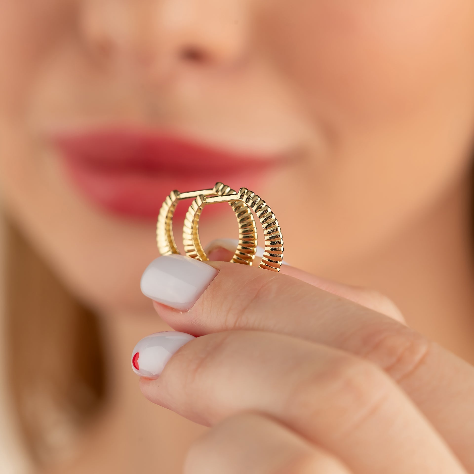 14K Solid Gold Stripe Huggie Hoop Earrings | Side Ribbed Hoops for Women - Hoop Earrings