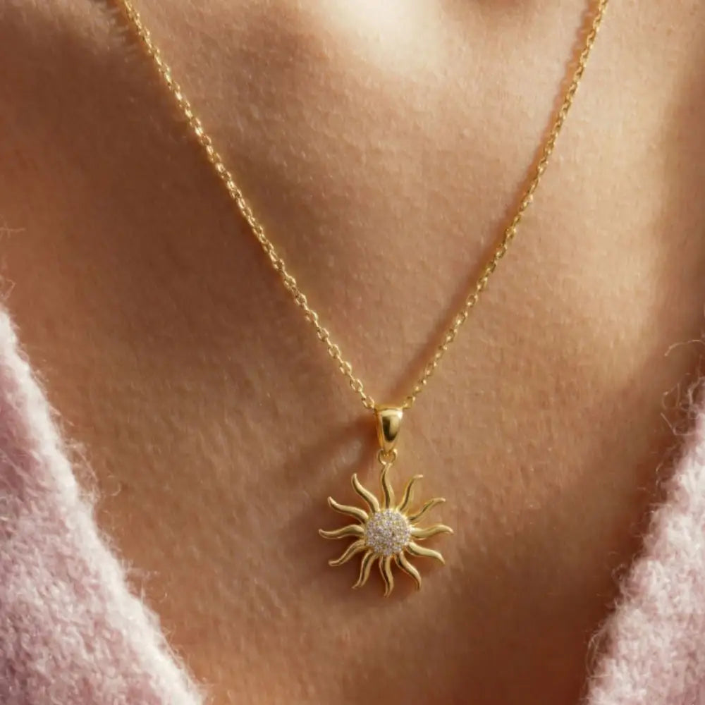 14K Solid Gold Sun Pendant Necklace Diamond Accent Handcrafted Jewelry Celestial Charm Sunshine Gift for Her Minimalist