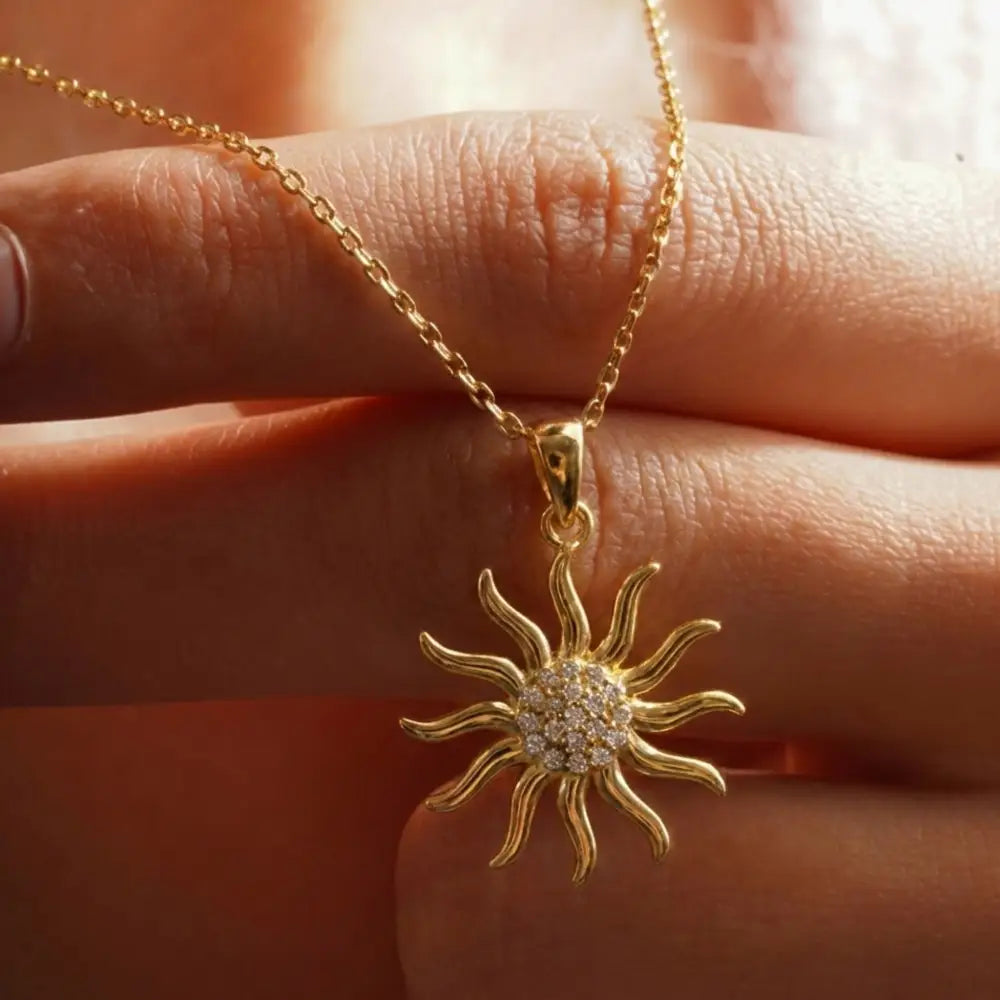 14K Solid Gold Sun Pendant Necklace Diamond Accent Handcrafted Jewelry Celestial Charm Sunshine Gift for Her Minimalist