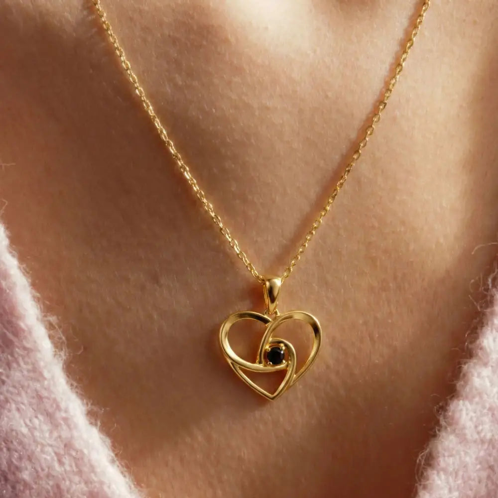 14K Solid Gold Swirl Heart Necklace Black Stone Pendant Dainty Romantic Jewelry Anniversary Birthday Gift for Wife