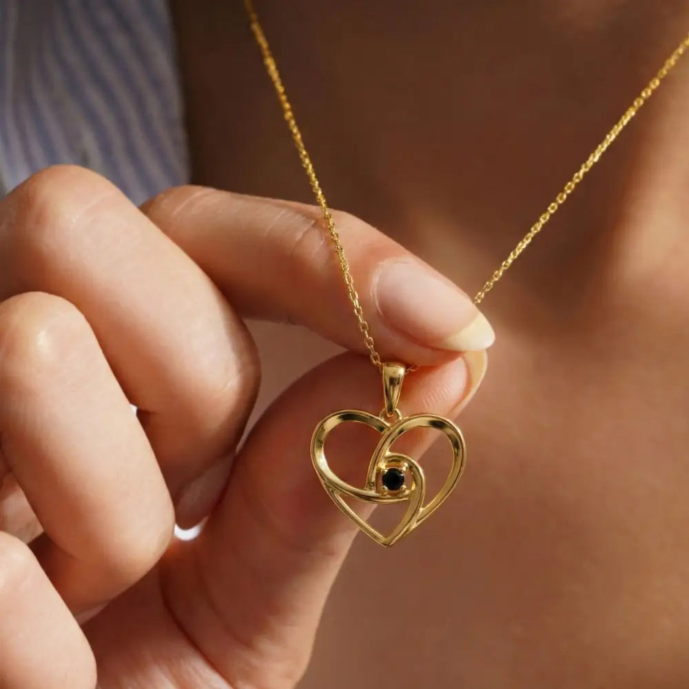 14K Solid Gold Swirl Heart Necklace Black Stone Pendant Dainty Romantic Jewelry Anniversary Birthday Gift for Wife
