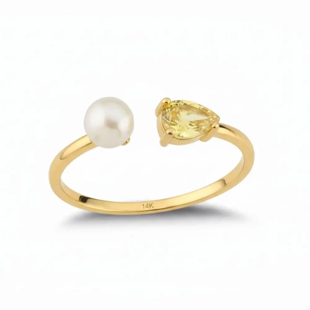 14K Solid Gold Toi Et Moi Ring Pear Citrine Pearl Adjustable Band