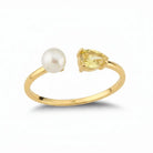 14K Solid Gold Toi Et Moi Ring Pear Citrine Pearl Adjustable Band