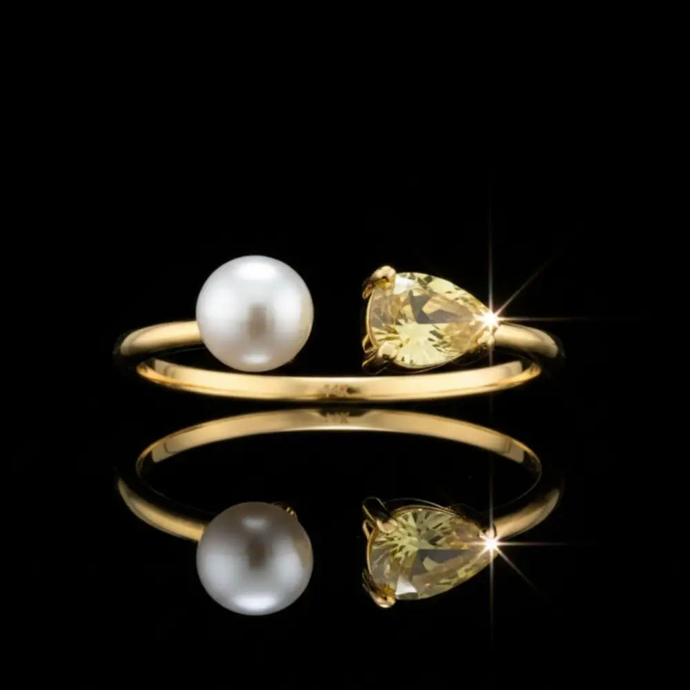 14K Solid Gold Toi Et Moi Ring Pear Citrine Pearl Adjustable Band