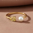 14K Solid Gold Toi Et Moi Ring Pear Citrine Pearl Adjustable Band