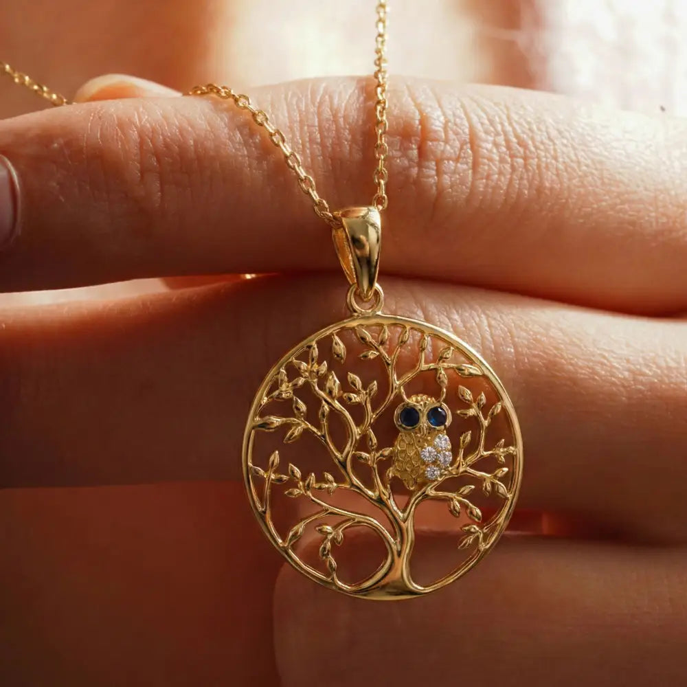 14K Solid Gold Tree of Life Necklace Wisdom Owl Pendant Charm Gift Family Tree Jewelry Nature Lover Gift for Her
