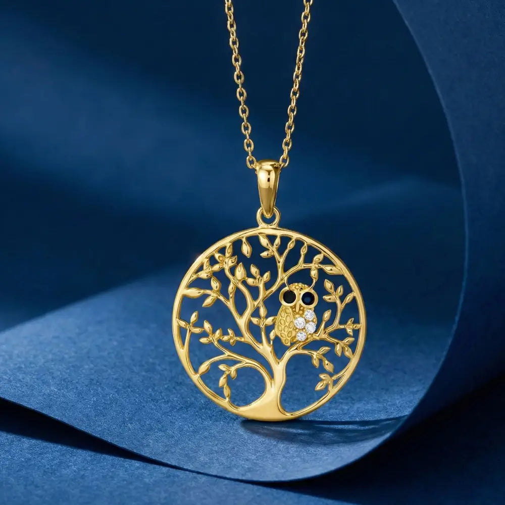 14K Solid Gold Tree of Life Necklace Wisdom Owl Pendant Charm Gift Family Tree Jewelry Nature Lover Gift for Her