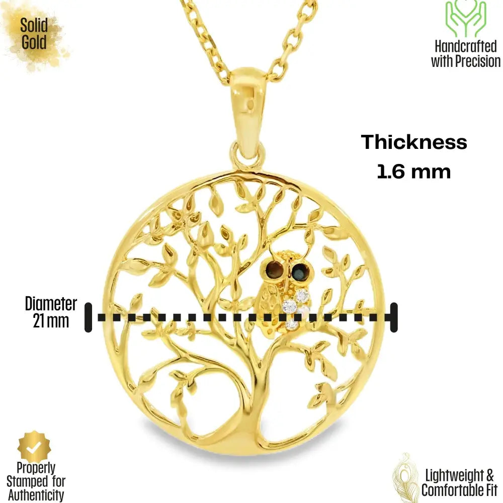 14K Solid Gold Tree of Life Necklace Wisdom Owl Pendant Charm Gift Family Tree Jewelry Nature Lover Gift for Her