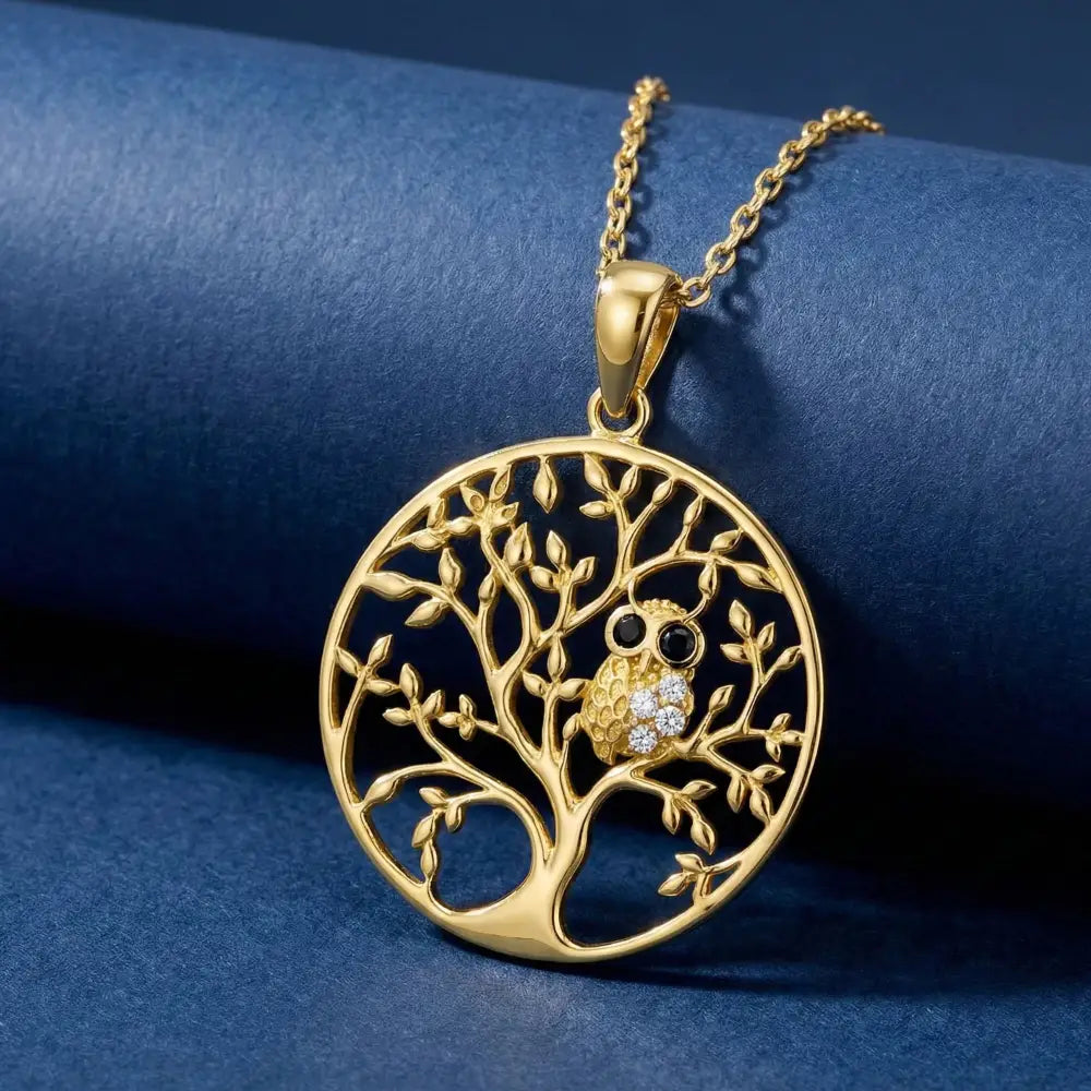 14K Solid Gold Tree of Life Necklace Wisdom Owl Pendant Charm Gift Family Tree Jewelry Nature Lover Gift for Her