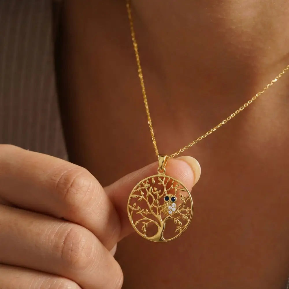 14K Solid Gold Tree of Life Necklace Wisdom Owl Pendant Charm Gift Family Tree Jewelry Nature Lover Gift for Her